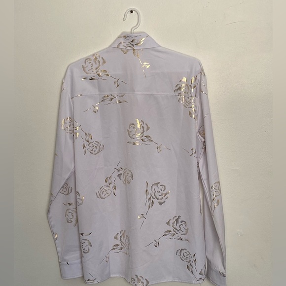 (NEW) Men's White Metallic Rose Long Sleeve Dress Shirt - Large - Picture 3 of 4
